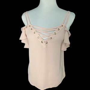 Express Top Sz XS Straps Grommets VNeck Ruffle Cold Shoulder Pullover Dusty Pink